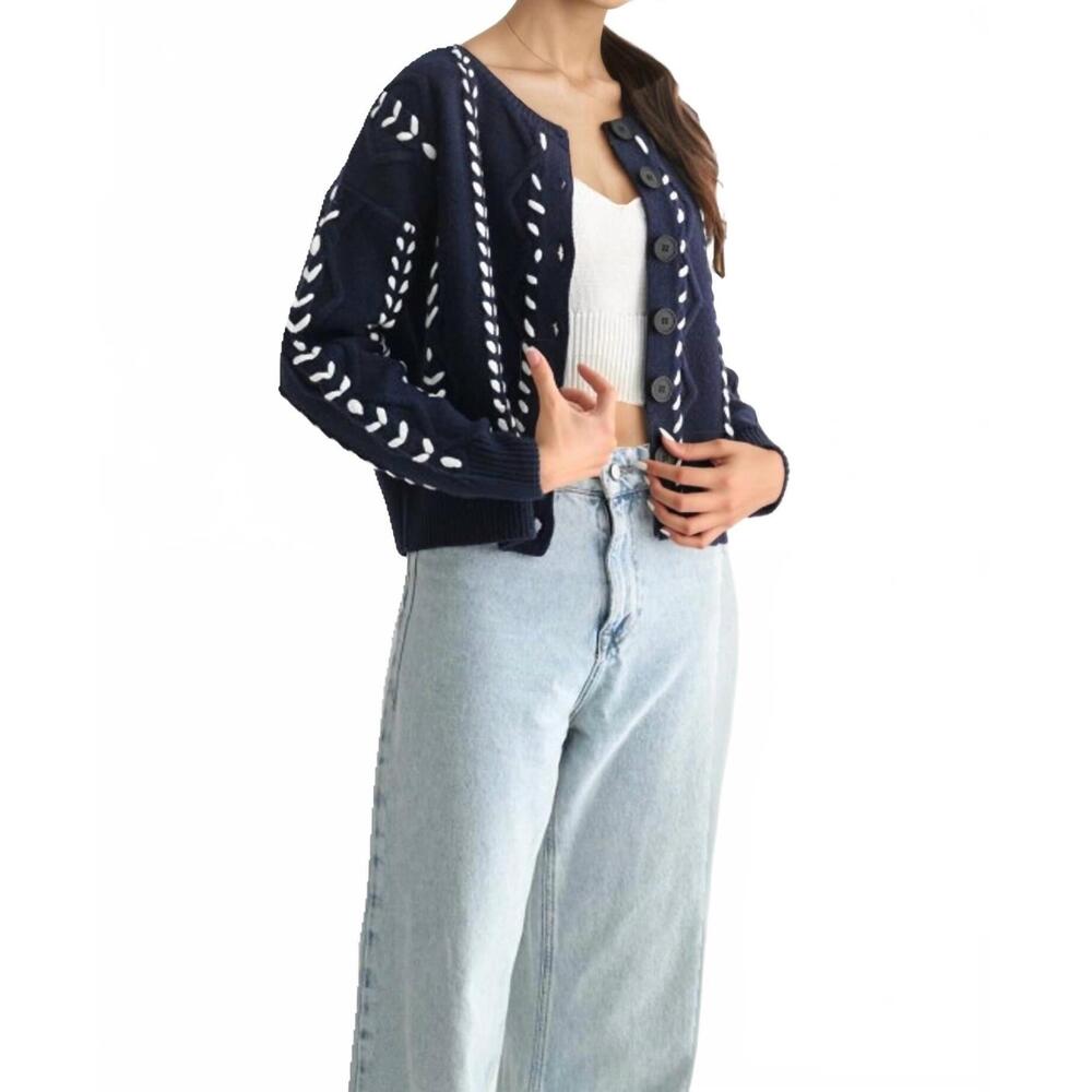 NEW KNIT & LOUNGE button front cardigan with white stitch detailing in blue - Picture 3 of 6